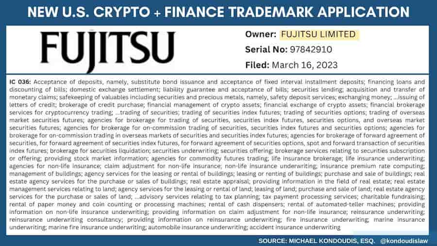 日本最大的 IT 服務提供商富士通申請了涵蓋加密貨幣交易服務的商標