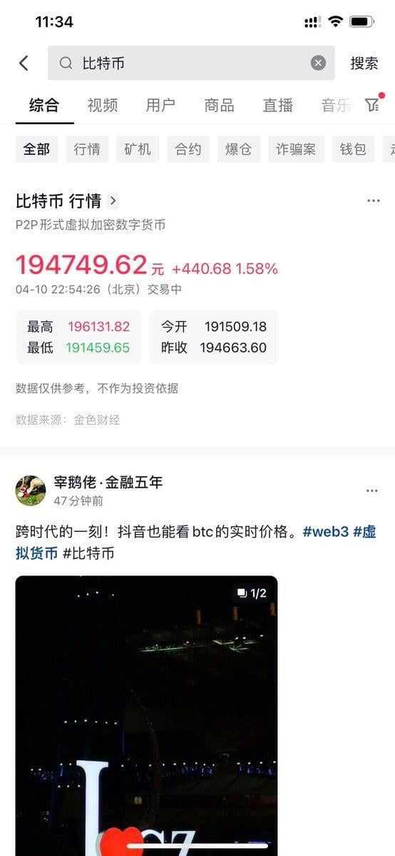 比特幣價格代碼在中國抖音應用程序上線